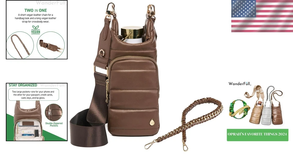 Chic HydroBag de cuero vegano con herrajes dorados - Portabotellas de agua manos libres Foto 2 de 4