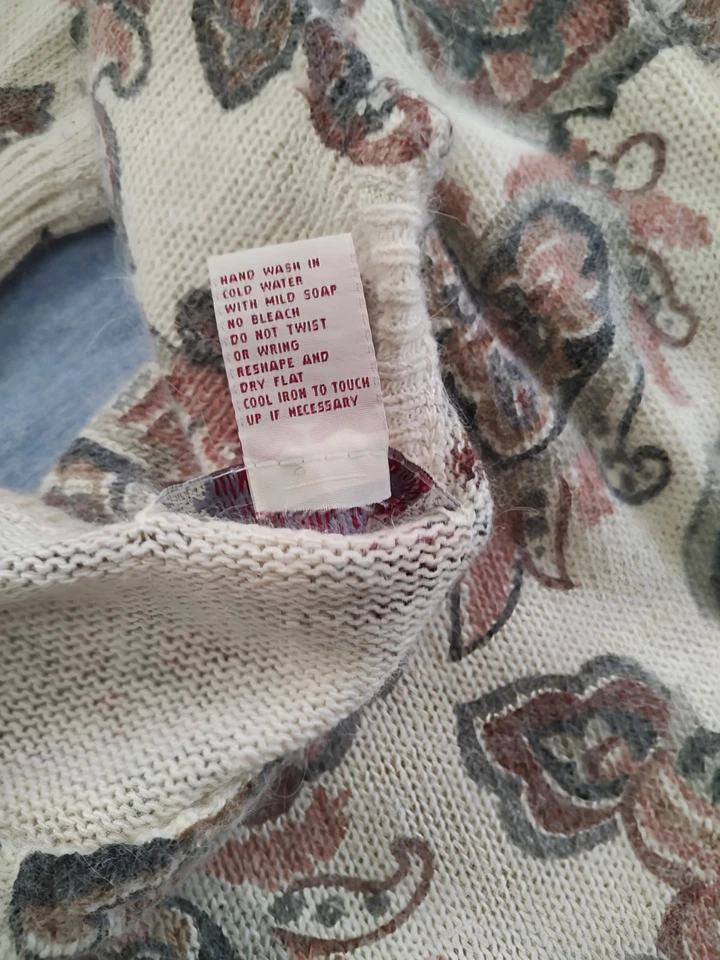 Suéter Vintage Años 80 Seda Nylon Angora Top Rosa Gris Off White Estampado Paisley L Foto 4 de 4