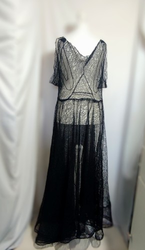Antique Art Deco 1920s 1930s Gatsby Downton Black Lace Flapper Evening Dress - Picture 7 of 21