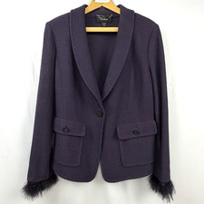 St. John COUTURE Knit Blazer w/ Feather Cuffs Detachable Deep Plum Sz 12