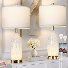 26" Modern Clear Glass Table Lamps Set of 2,Nightstand Lamp with USB White