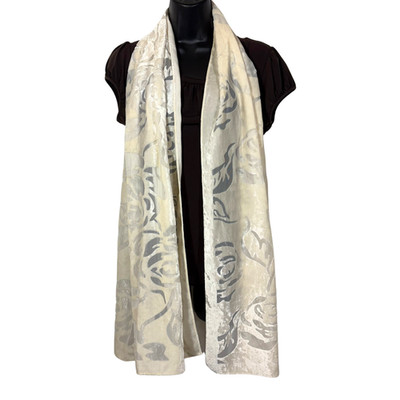 White Floral Scarf Velvet Burnout Retro Vtg Semi Sheer Rectangle Wrap Cejon