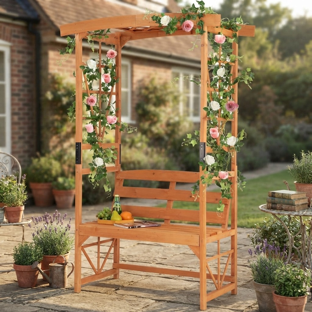 Natural Fir Wood Garden Arch with Integrated Bench & Trellis - Easy to Assemble