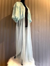 VTG Dreamy Aqua Puff Sleeve Peignoir Robe Sheer Chiffon Lace Lingerie sz L USA