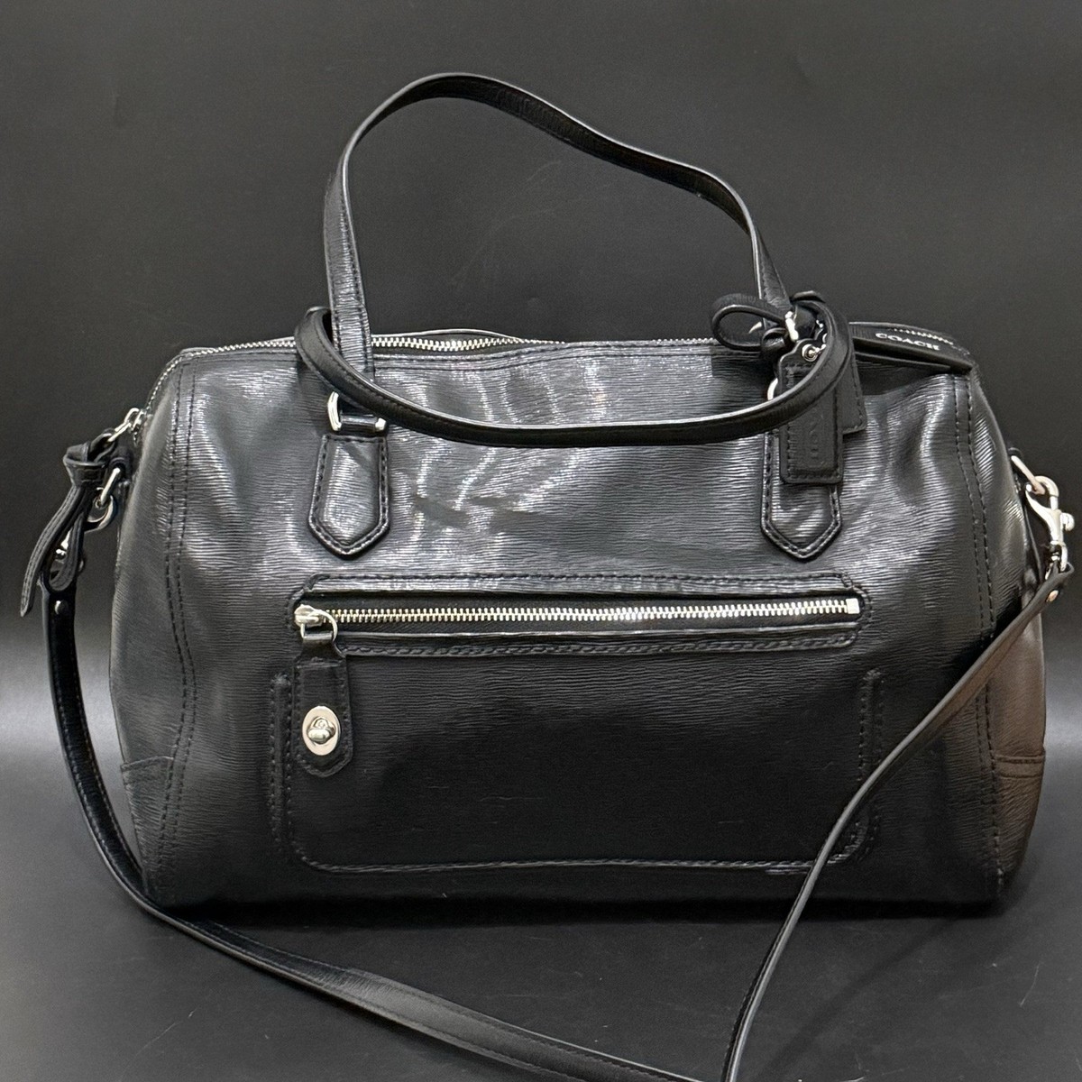 COACH 25062 Poppy East/West Black Textured Patent Leather Satchel