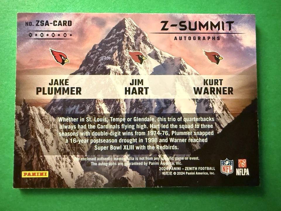 Parche Panini Zenith Jake Plummer Jim Hart Kurt Warner Z Summit 2024 ¡Auto 24/24! Foto 2 de 2