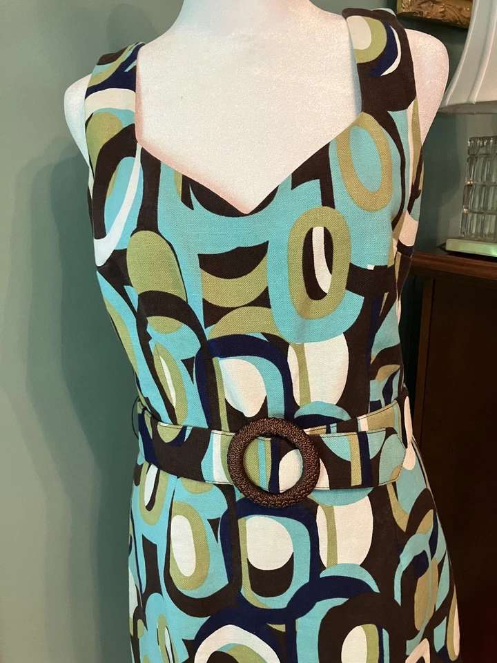 VTG David Meister Geometric Linen Shift Dress Sz 6 MCM Sleeveless Belt Lined EUC - Image 3 of 4