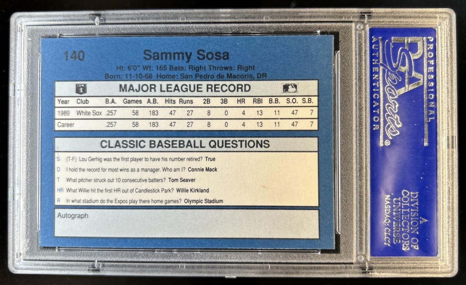 1990 Classic Blue Sammy Sosa UER #140 Rangers PSA 10 GEM MINT view 2