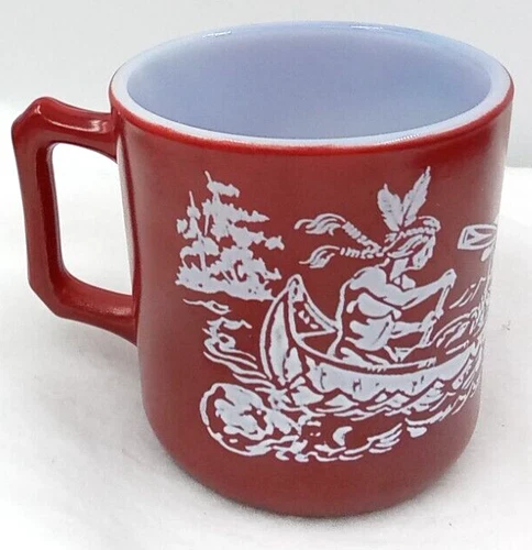 Hazel Atlas Child Mug Drinking Milk Glass Handle Canoe Oar Reddish Brown Vintage