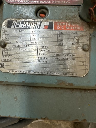 RELIANCE 5 HP DC ELECTRIC MOTOR 1750/2300rpm,B2111AT Frame,500/300v,TENV - Picture 2 of 4