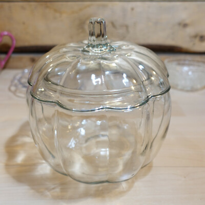 Glass Jar Bowl w Stem On Lid 7¼'' Pumpkin-Shaped Anchor Hocking  - Swanky Barn