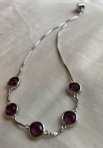 Bracelet Amethyst Shiny Silver Color Statement Round Gemstones Signed IBB CN - Picture 5 of 11