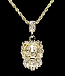 Authentic Lion Head Pendant 14k Gold Plated Cz w/ 24" Rope Chain Hip Hop Necklace