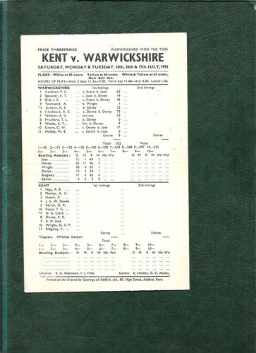 Scorecard 1951 Kent v Warwickshire