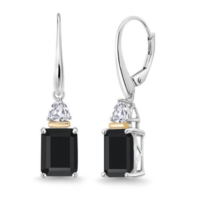 4.84 Ct Onyx White Created Sapphire 925 Silver and 10K Yellow Gold Earrings