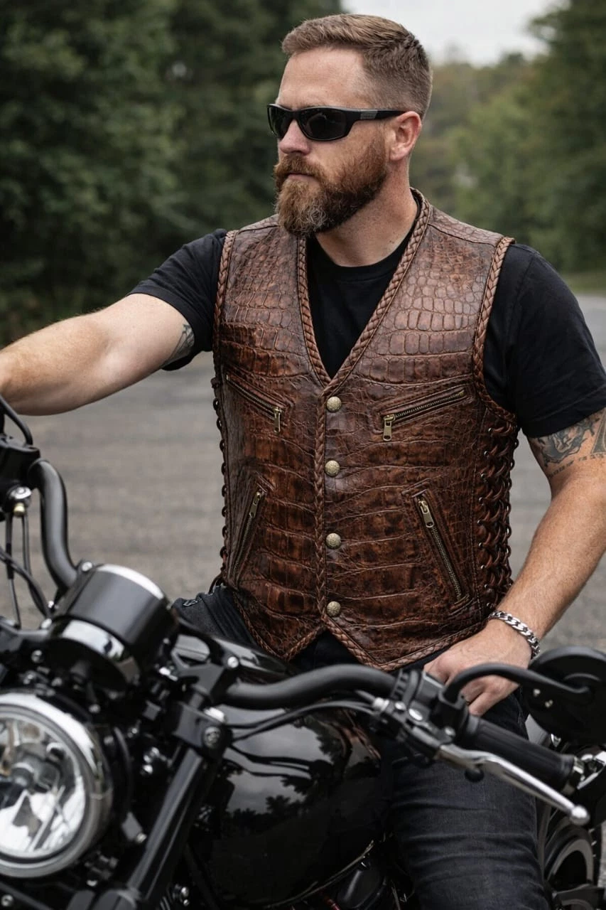 Men’s Handmade Leather Vest Crocodile Embossed Cowhide Waistcoat, Western style