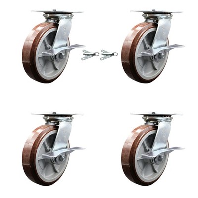 8 Inch Polyurethane Caster Set with Ball Bearing 4 Brake and 2 Swivel Lock SCC