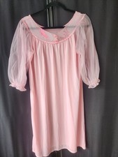 Vtg 60s 70s Pink Nylon Nightgown Peignoir Sheer Chiffon 3/4 Sleeve Embroidered M