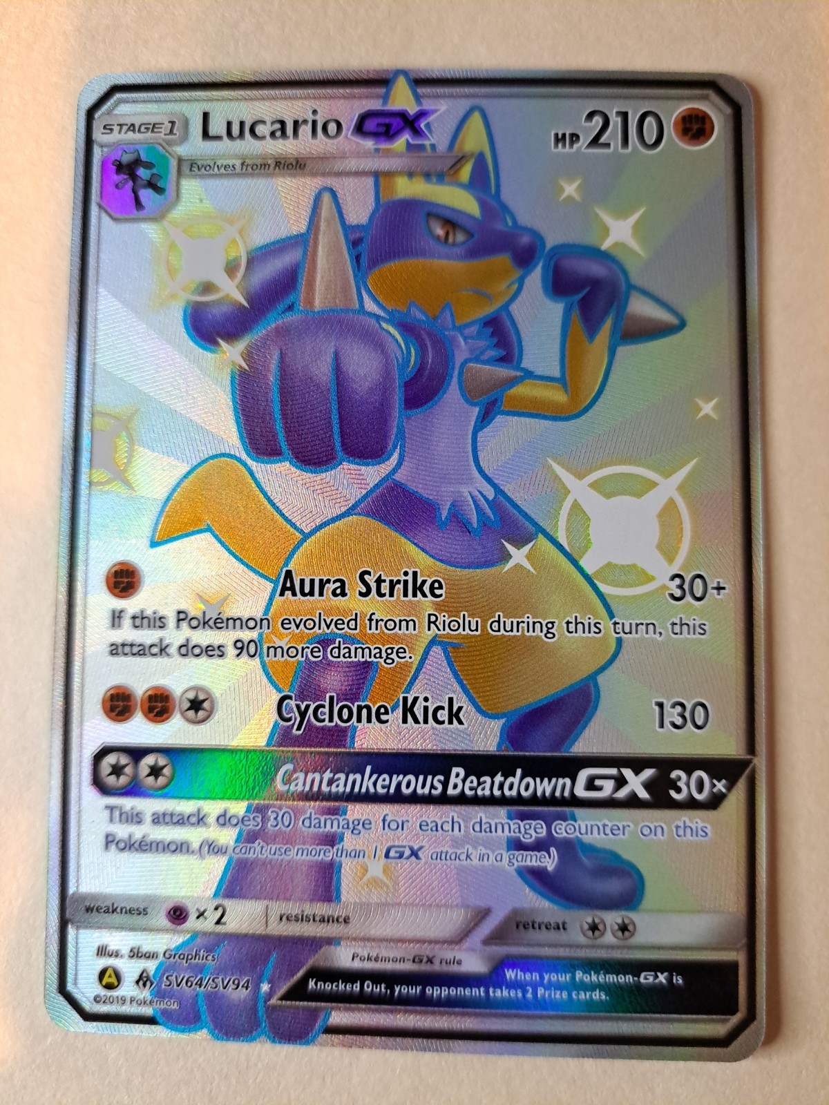 Pokemon Lucario GX SV64/SV94 Hidden Fates Shiny Holo EN