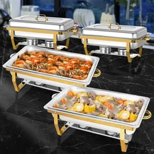 Chafing Dish Buffet Set, Stainsteel Chafing Dish 8Qt w/ Full Pan & Gold Frame