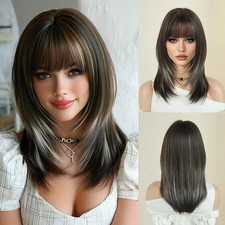 Real Human Hair Wig Fashion for Women's Medium Mix Blond Brown Wavy Wigs 20In