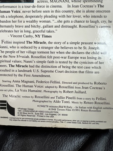Roberto Rossellini AMORE Connoisseur Video Collection VHS Fellini - Picture 3 of 11