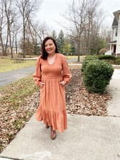 Old Navy Terra Cotta Smocked Clip Dot Cottagecore Midi Long Sleeve Dress Size S
