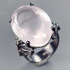 Handmade 32ct Natural Rose Quartz Ring 925 Sterling Silver Size 8 /R430779