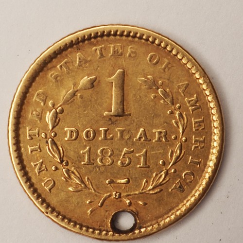 1851 *EX JEWERLY HOLED * LIBERTY HEAD $1 dollar gold **FREE SHIPPING**C2855