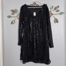 City Chic Womens Black Sequin V Neck Long Sleeve Shift Dress Size Large NWT
