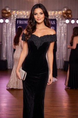 Vintage Bari Jay Black Velvet Off Shoulder Prom Formal Dress Gown 8 10 12