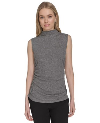 Calvin Klein Sleeveless Metallic Mock-Neck Top Women's L Gray Heather Pullover