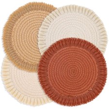 13 Inch Round Cotton Placemat Set of 4 Boho Placemats Table Mats Woven Washab...