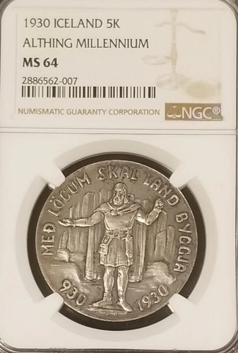 Iceland  1930 5KR, Rare NGC 64, Low Mintage, Highly in Demand. 
