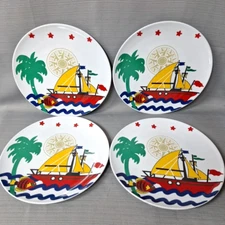 Set of 4 Taipro 12" Melamine Dinner Plates Ocean Sailboat Nautical Taiwan