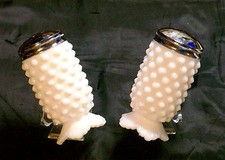 Fenton Hobnail Milk Glass Salt & Pepper Shakers Nickel Plated Brass Lids Heavy 