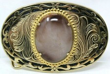 Western Belt Buckle Gold Tone Metal W/ Black  w/Brown Stone Mounted D-9