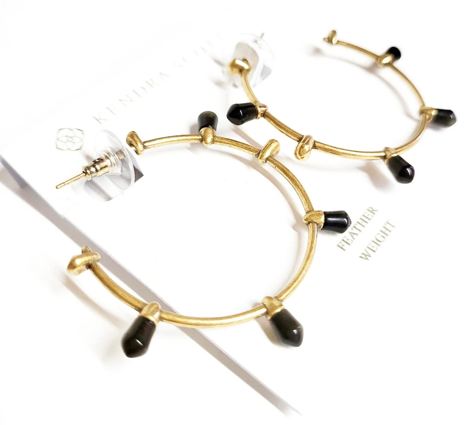 Brincos de argola de pedra Kendra Scott obsidiana dourada vintage latão folheado a ouro novo com etiquetas - Imagem 4 de 4