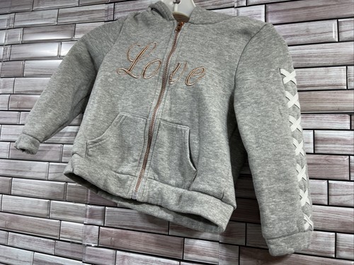 Emma & Elsa Girls 6 Gray jacket rose gold zip Love sweatshirt kangaroos pocket - Picture 2 of 12