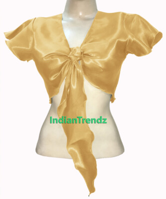 Satin Wrap Top Blouse Choli Short Sleeve Belly Dance Gypsy Tribal Oriental Shiny