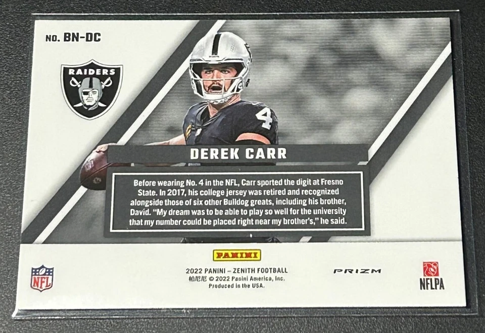 2022 Zenith Football Behind The Numbers Blue Prizm Derek Carr LAS VEGAS RAIDERS  - Image 2 of 2