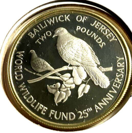 elf Jersey 2 Pounds 1987 Silver Proof World Wildlife Fund 25th Pigeon Bird swj28
