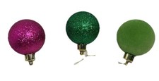 3 Vtg Christmas Ball - 1 Purple  1 Dark Green Glitter Balls  1 Flocked Gren