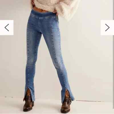 Free People Double Dutch Pull On Mid Rise Slit Skinny Jeans Blau