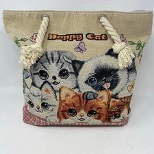 Happy Cat Unisex Tapestry Canvas Tote Bag Double Rope Handle Kitties Art Teacher