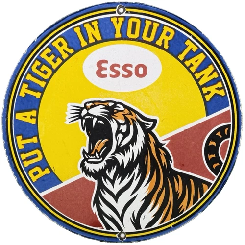 VINTAGE ESSO GASOLINE PORCELAIN SIGN PUT A TIGER IN YOUR TANK GAS OIL PUMP PLATE