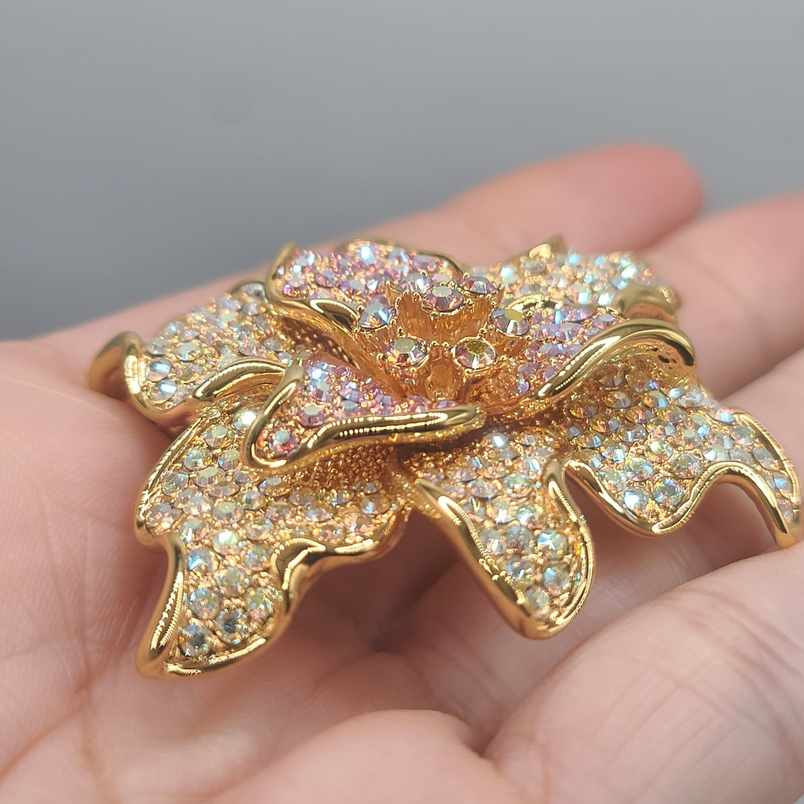 Camrose Kross Brooch Signed JBK Pink Rhinestone Flower Iridescent Sparkles