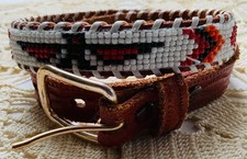 Indian Hand Beaded Leather Belt sz 30 HandCrafted ThunderbirdTooled LeatherVint