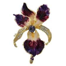 Purple Orchid Flower Brooch Pin Gold Tone Enamel Rhinestone Jewelry Statement