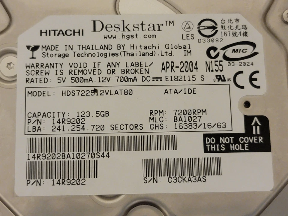 BAD HEADS GOOD PCB Apple HITACHI Deskstar HDS722512VLAT80 14R9202 123.5GB IDE ㈁ - Image 2 of 4